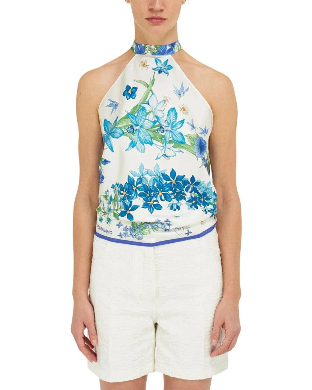 Ferragamo Blue Floral Halter Neck Top