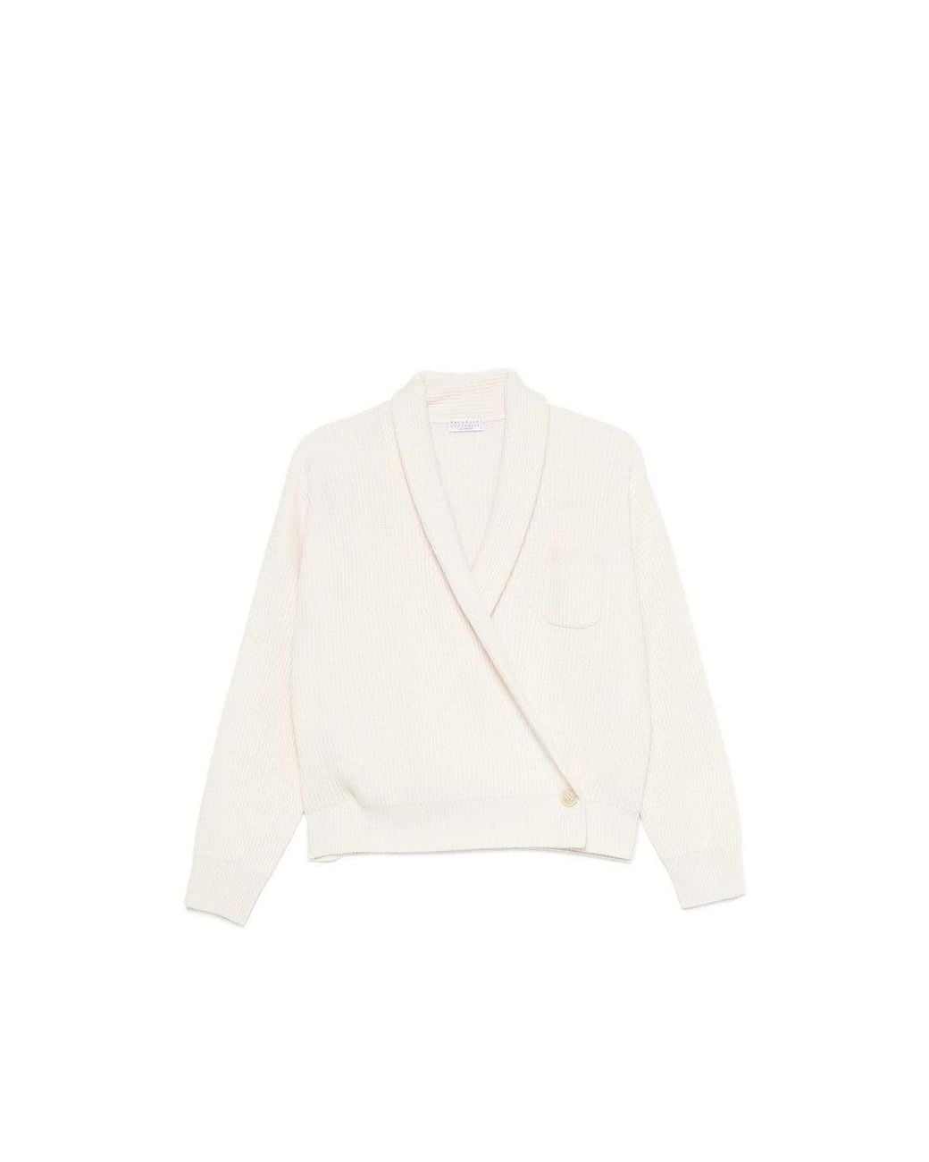 Brunello Cucinelli White Shawl Neck Sweater