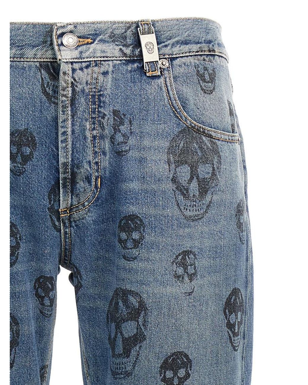 McQueen Blue Skull Print Jeans for men