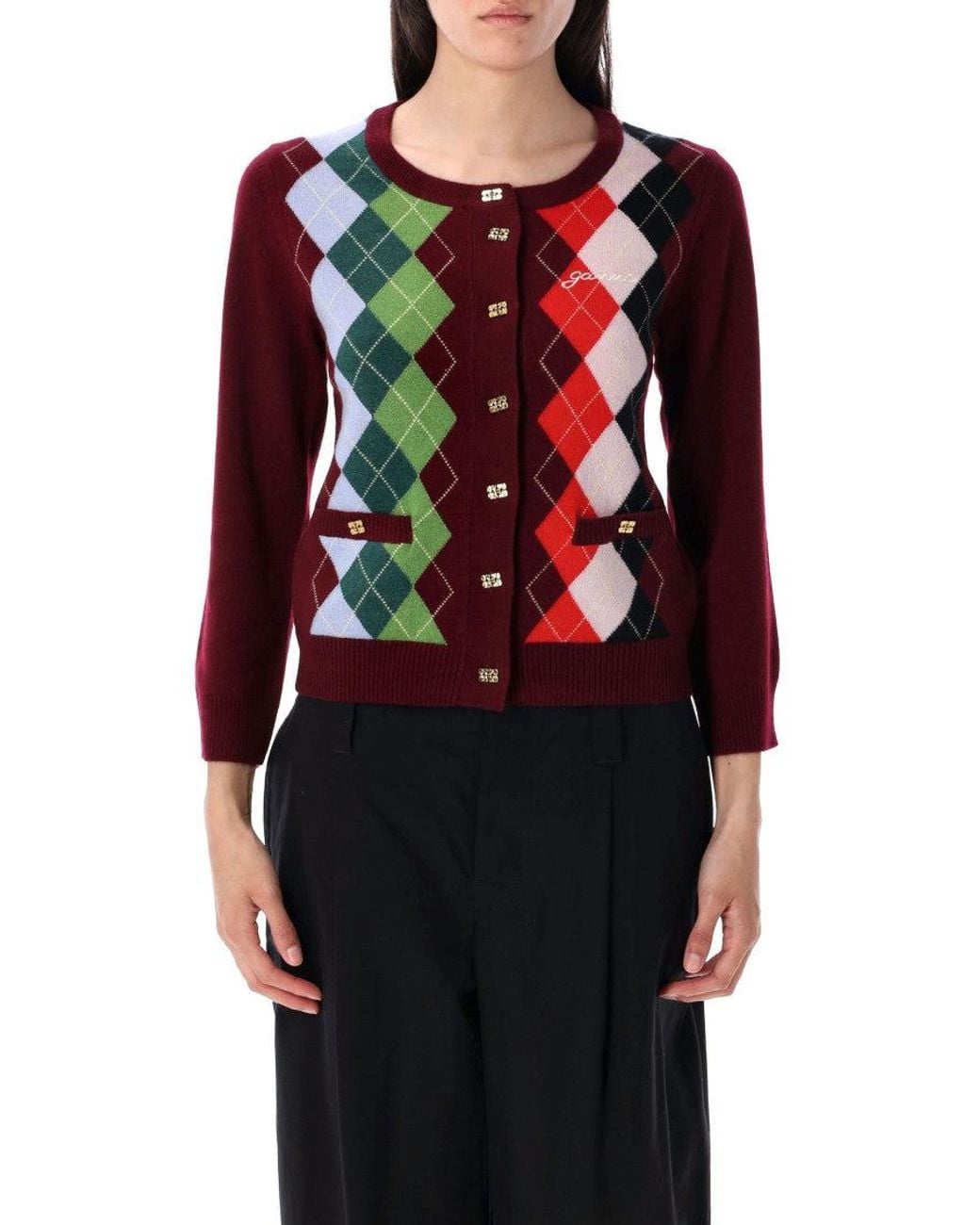 Ganni Red Argyle-Pattern Cardigan