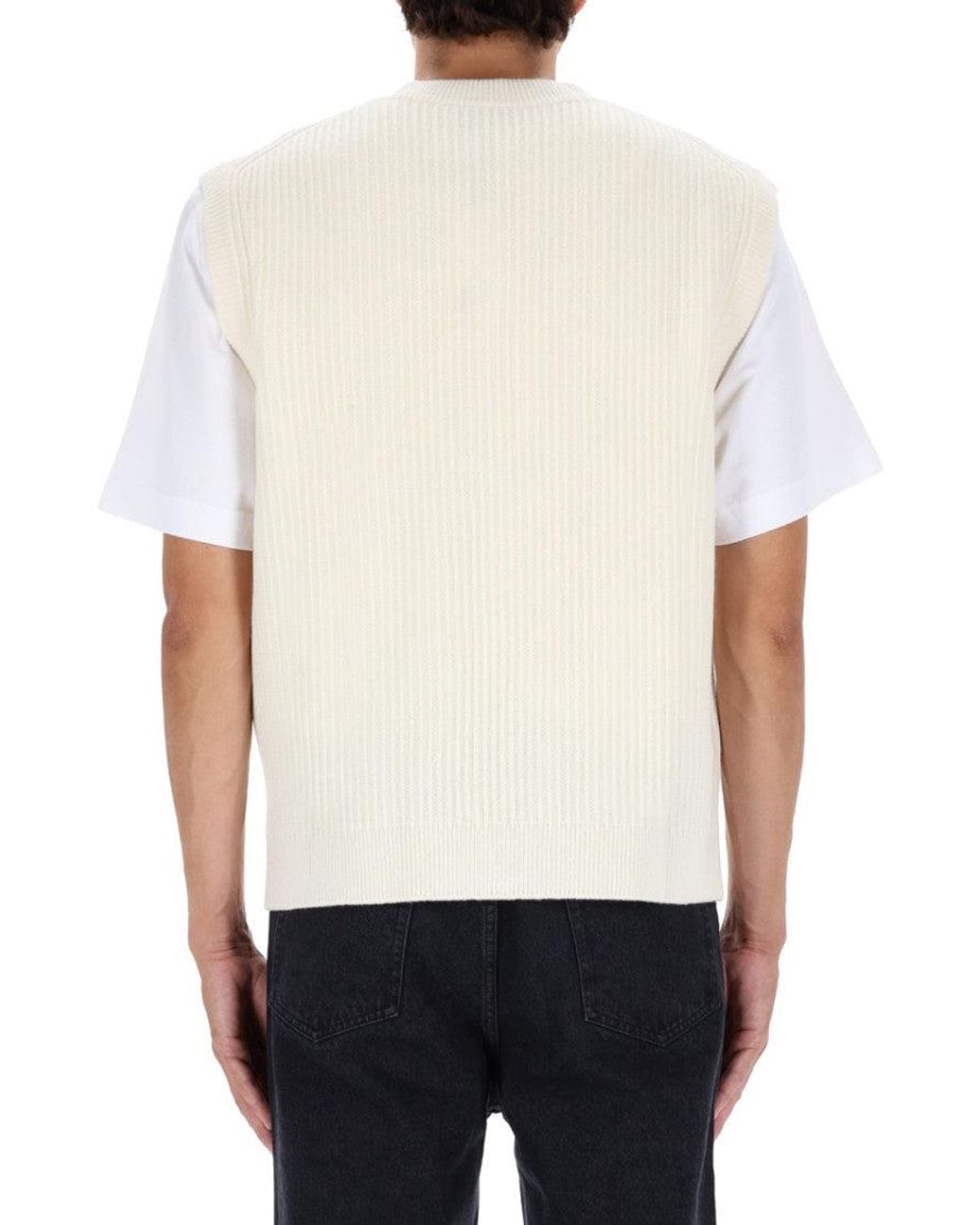 Maison Kitsuné White Knitted V Neck Sweater for men
