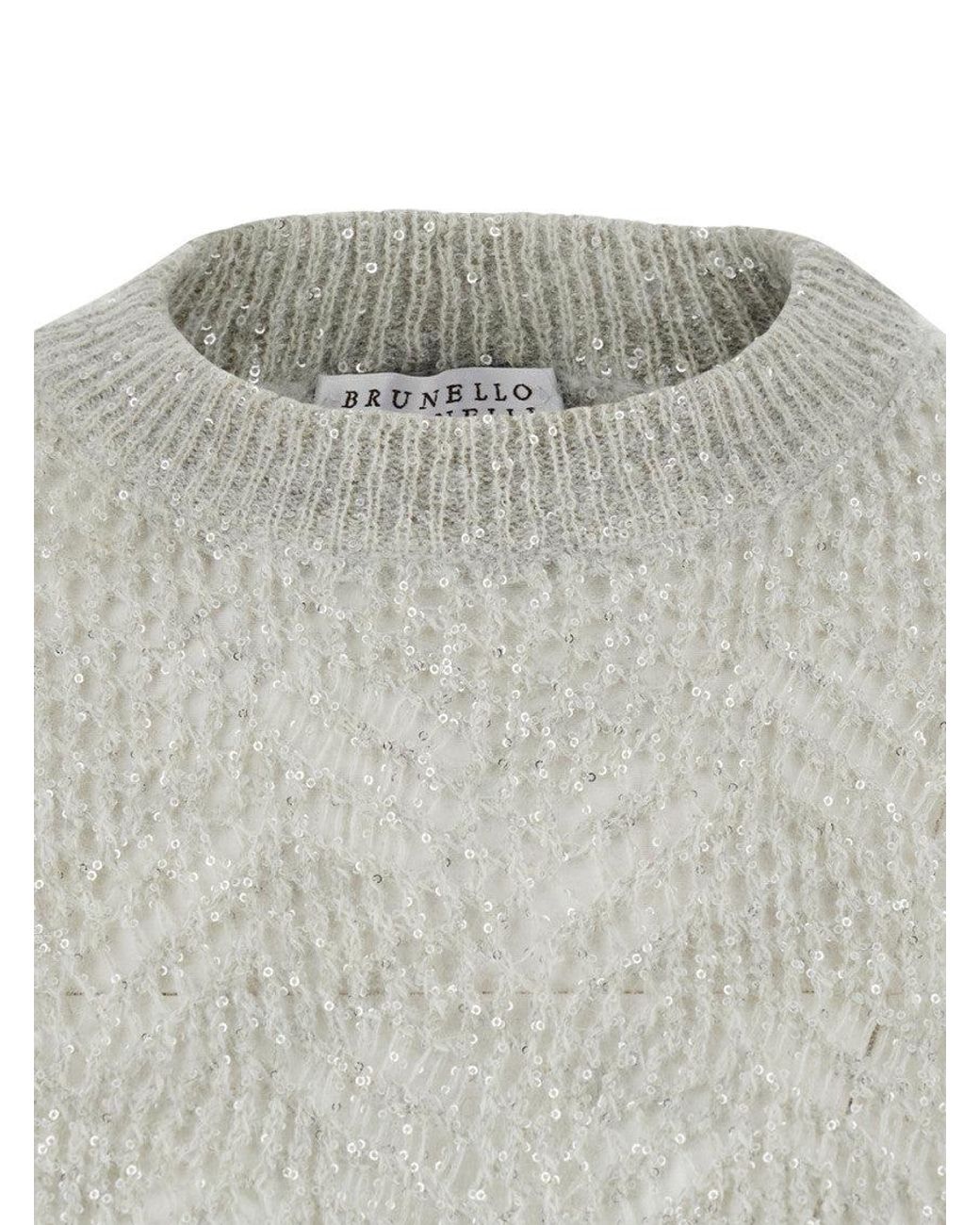Brunello Cucinelli Gray Embellished Crew Neck Sweater