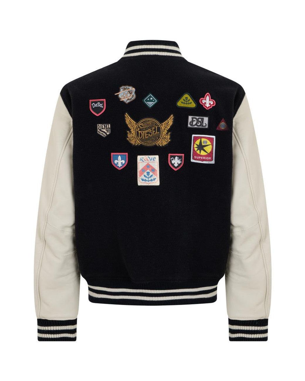 DIESEL Black Varsity Jacket Patched Wool Bomber for men
