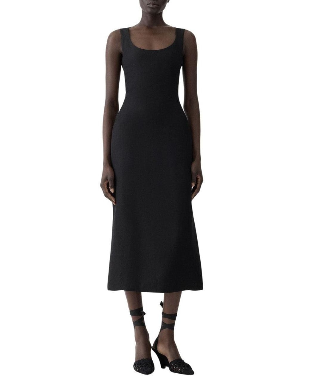 Jacquemus Black Solid Round Neck Midi Dress