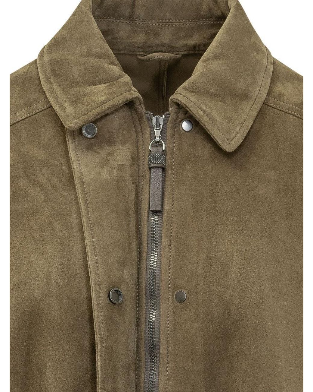 Brunello Cucinelli Green Lethestane Leather Jacket for men