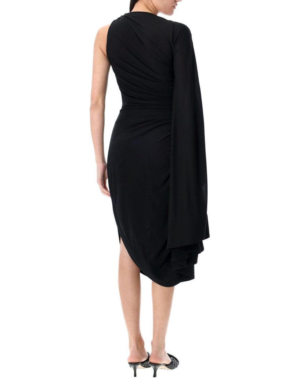 Bottega Veneta Black One-Shoulder Draped Midi-Dress