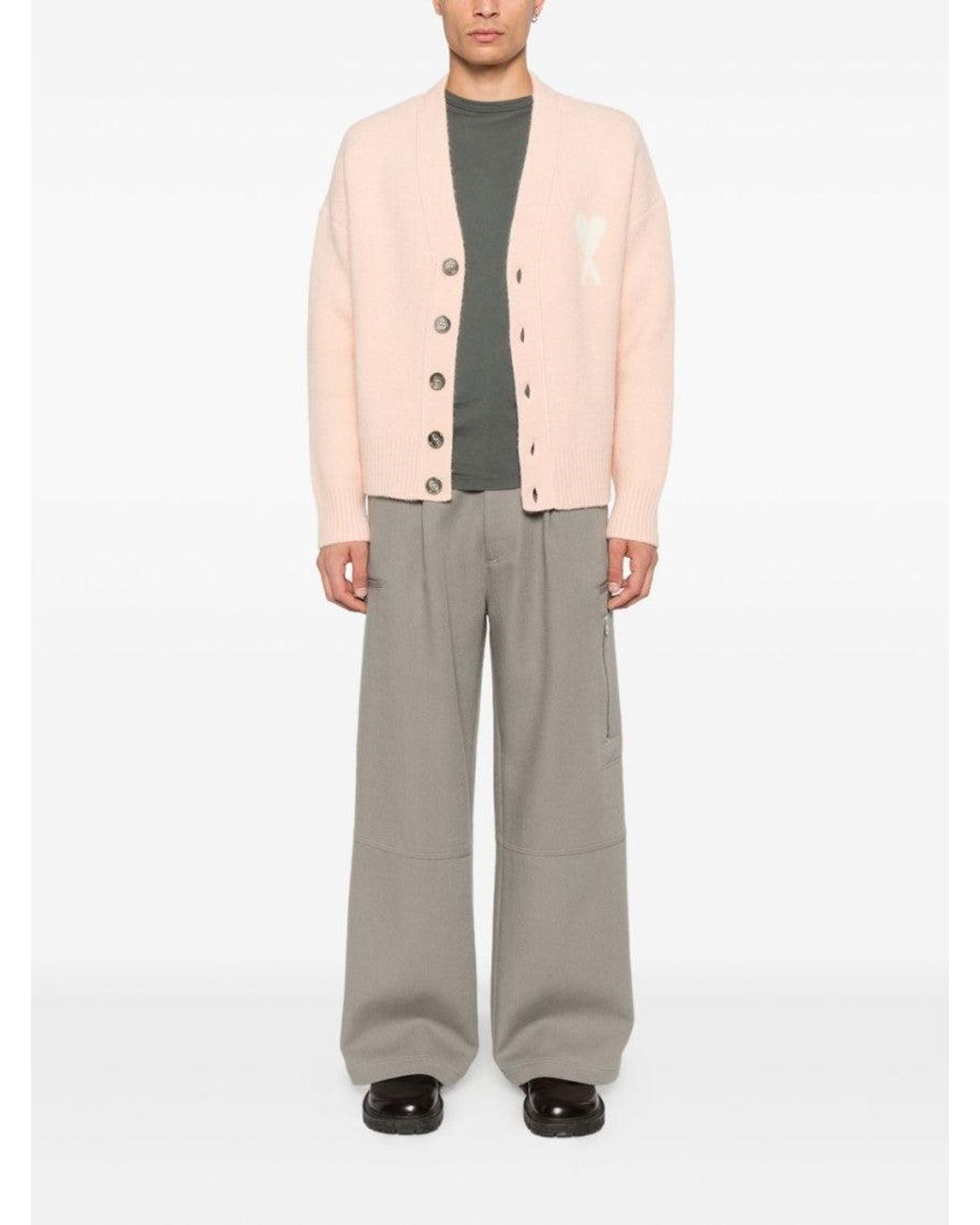 AMI Pink Knitted Logo Cardigan for men
