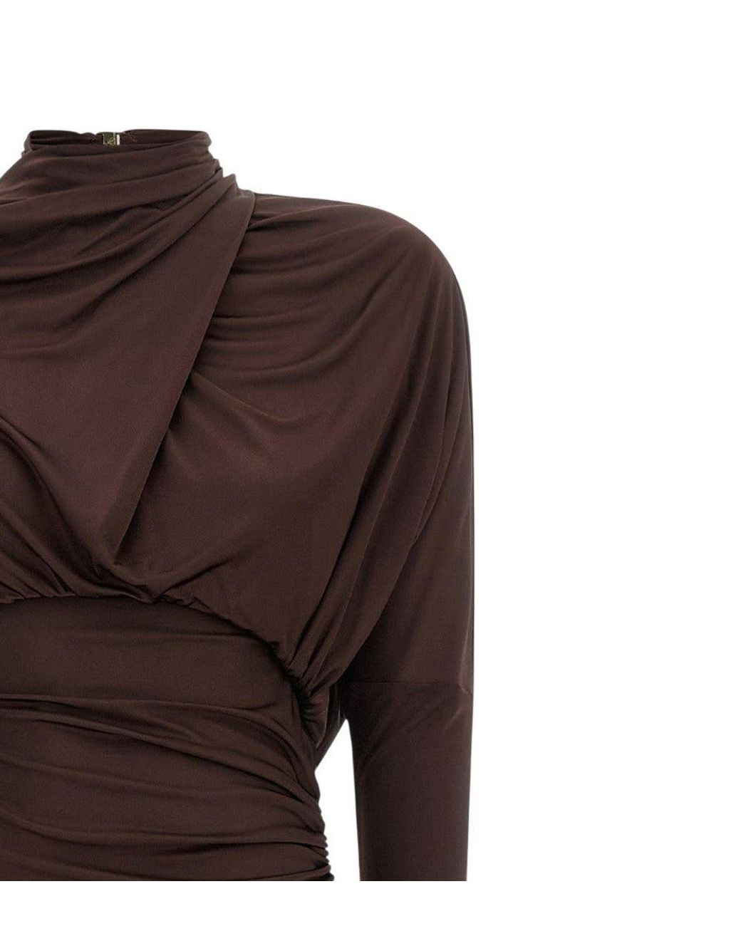 Balmain Brown Mock Collar Long Dress