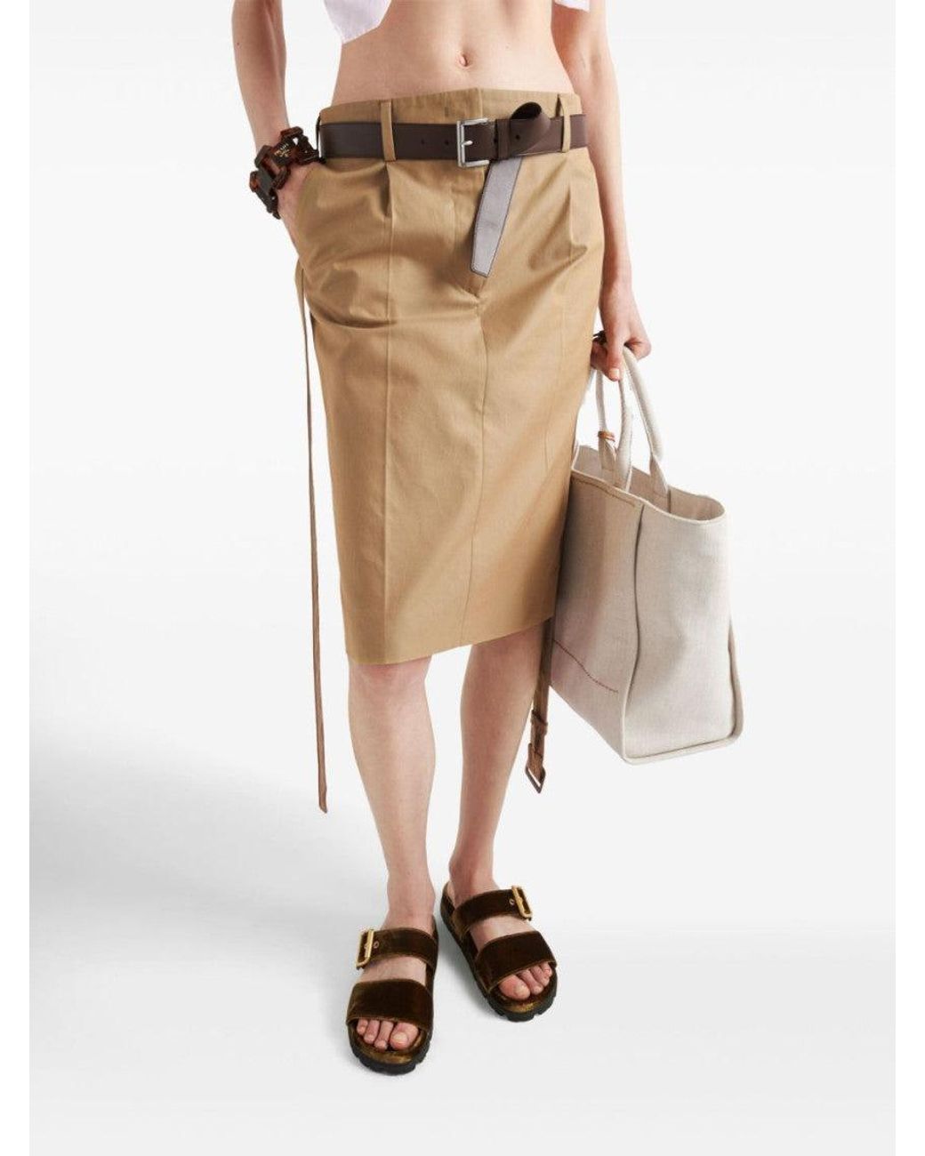 Prada Natural Belted Midi Skirt