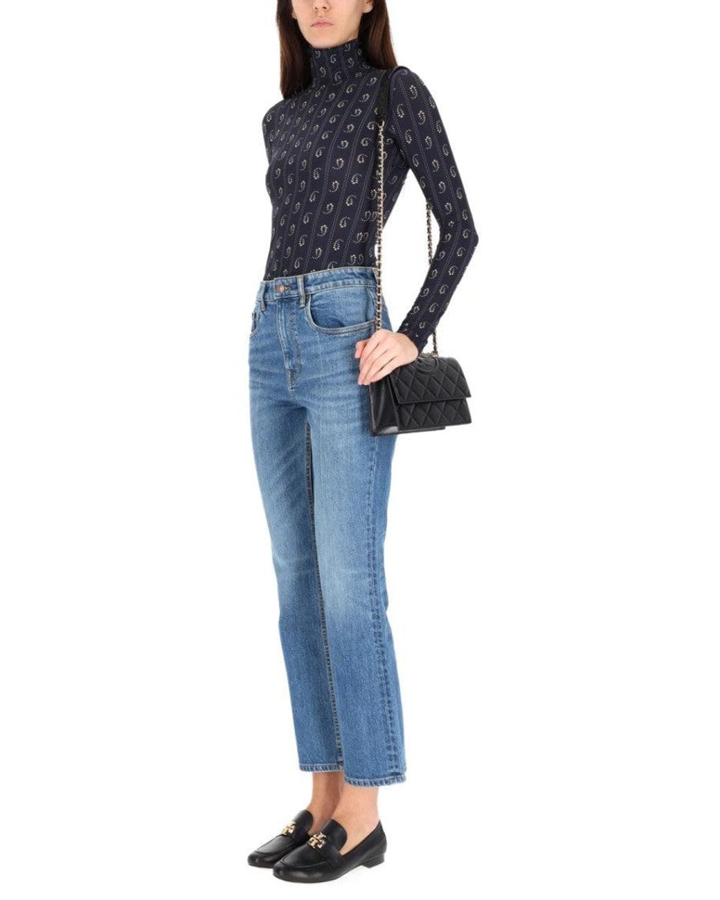 Tory Burch Blue Printed Mock Collar Sweater