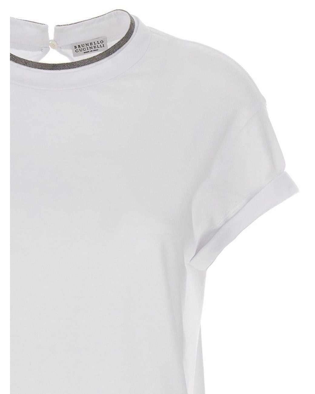 Brunello Cucinelli White Embellished Crew Neck T-Shirt
