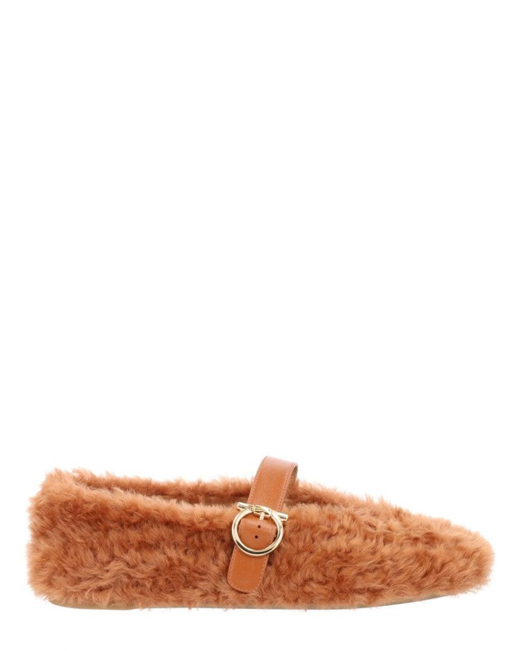 Ferragamo Brown Ballerina Love Ornament Shearling Shoe