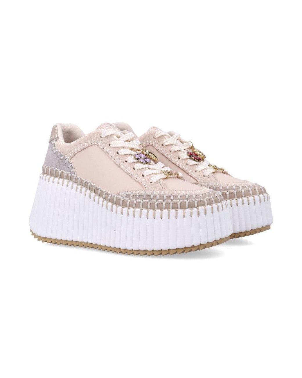 Chloé White Nama Wedge Platform Sneakers With Clover, Pineapple & Logo Charms