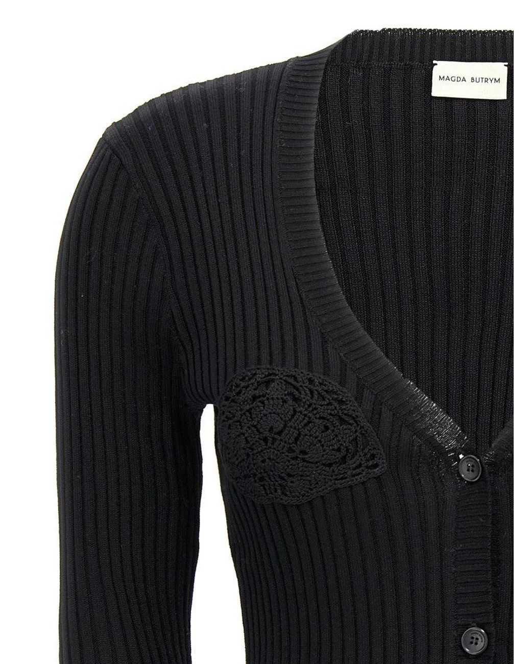 Magda Butrym Black Ribbed Cotton Cardigan With Macramé Detail