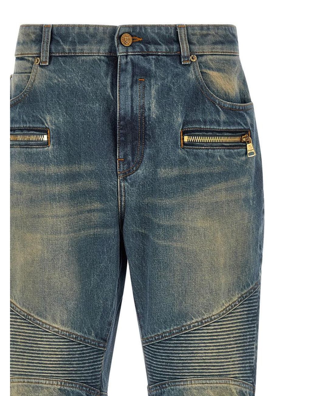 Balmain Blue Knee-Ribbed Biker Denim Jeans for men