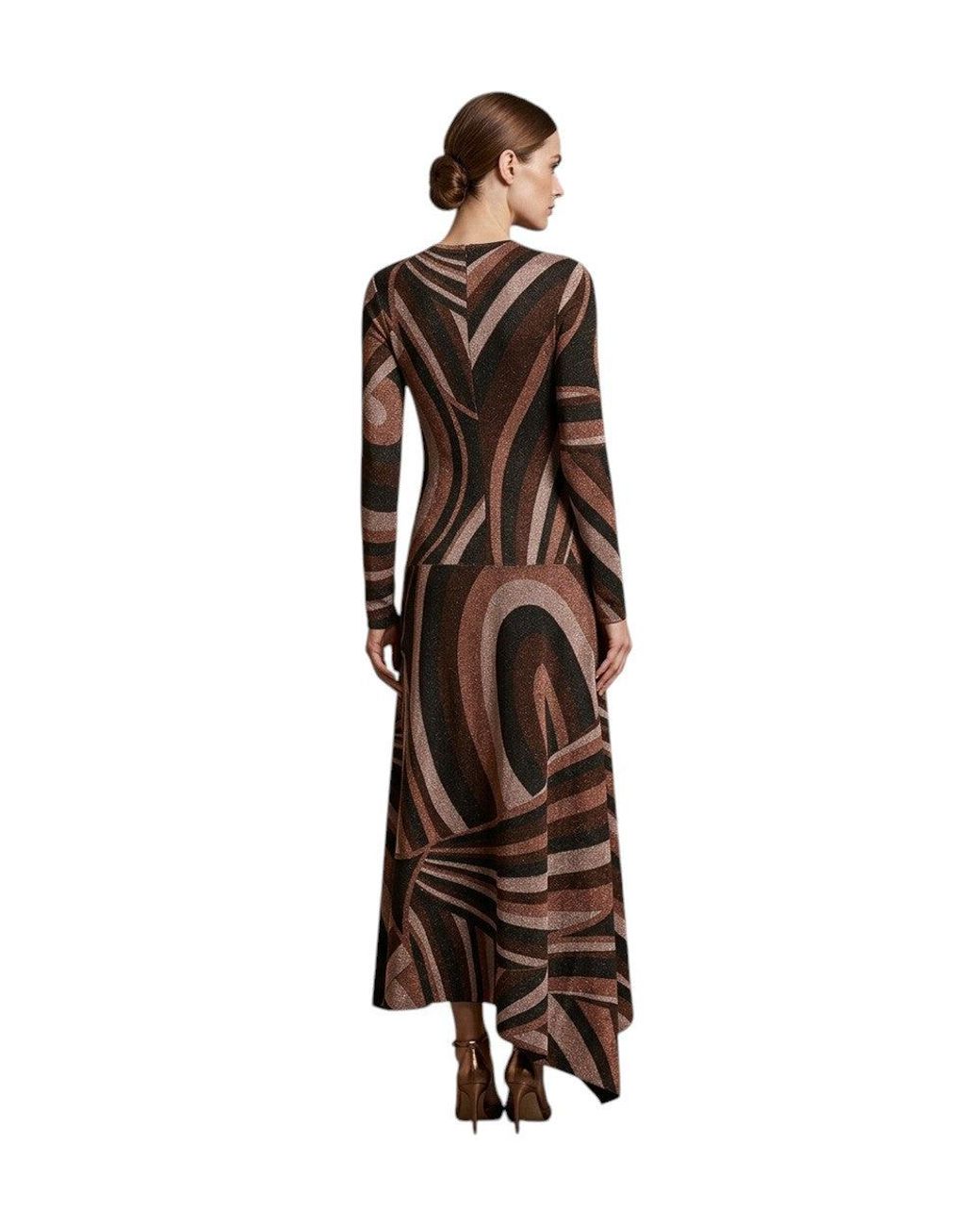 Emilio Pucci Brown Multicolour Round Neck Midi Dress