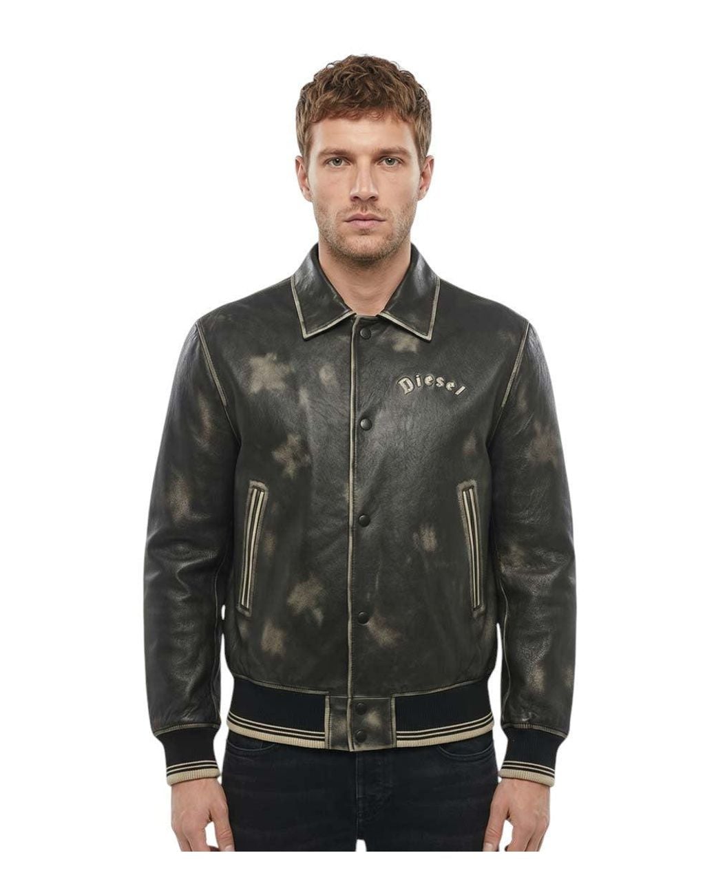 DIESEL Gray Logo Leather Jacket for men