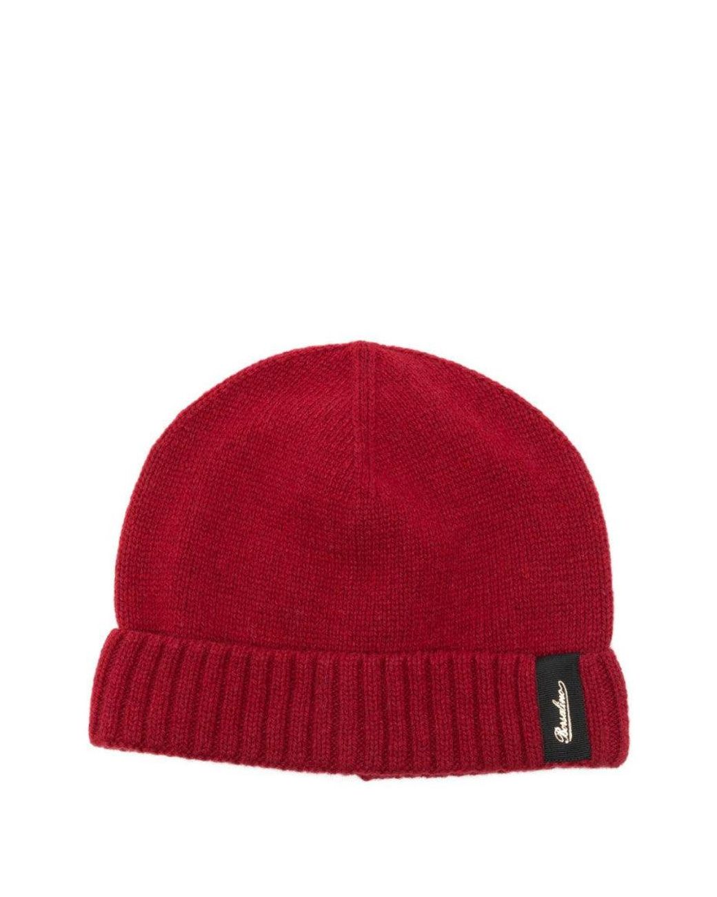 Borsalino Red Cashmere Beanie Hat With Cuffed Brim And Logo Patch