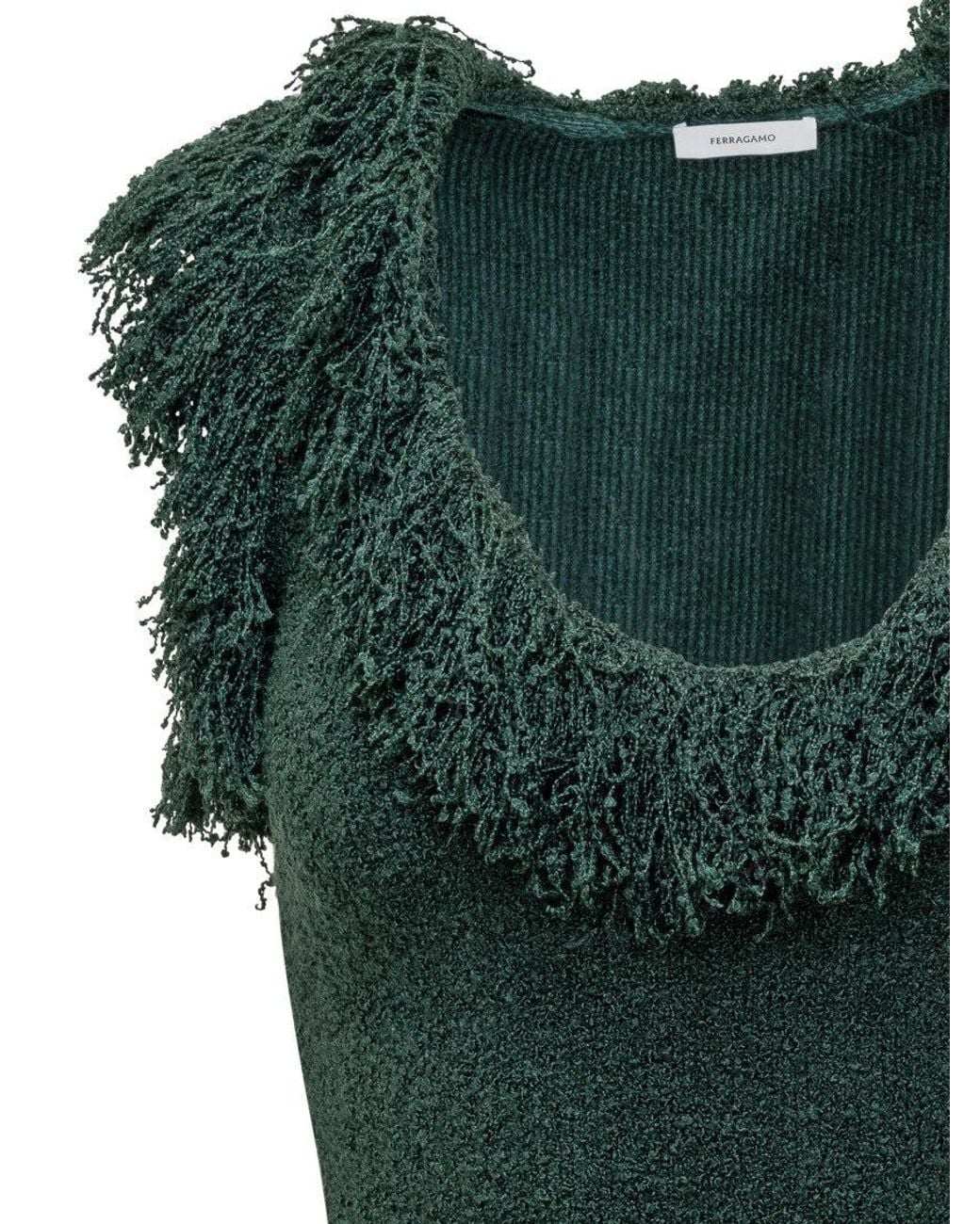 Ferragamo Green Textured Scoop Neck Mini Dress
