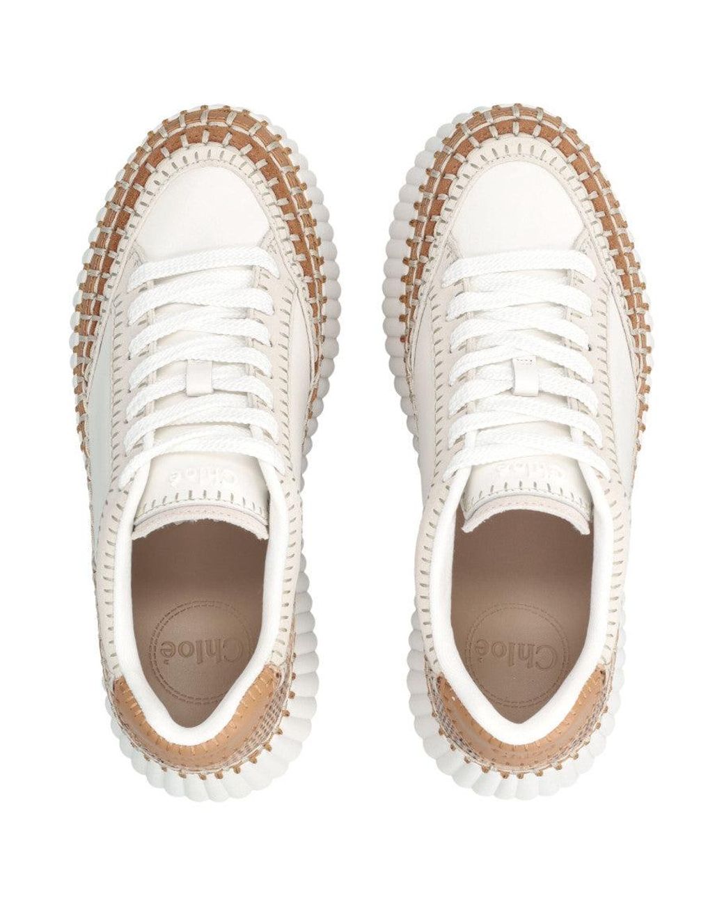 Chloé White Nama Wedge Platform Sneakers With Embossed Leather Inserts, Hand-Applied Welt Stitching (8 Cm Heel, 4.5 Cm Platform)