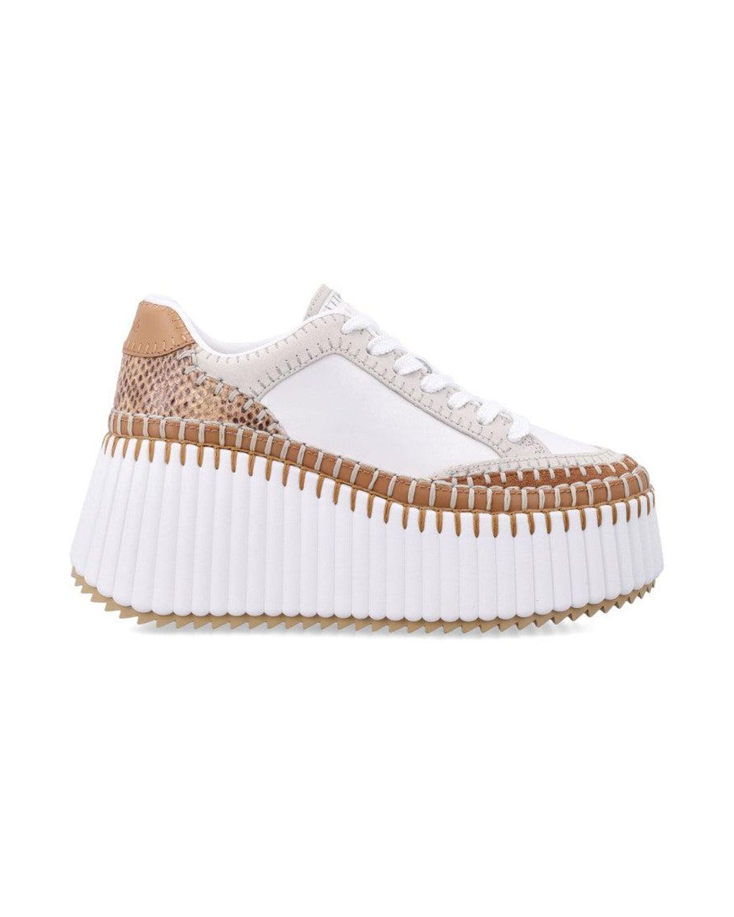 Chloé White Nama Wedge Platform Sneakers With Embossed Leather Inserts, Hand-Applied Welt Stitching (8 Cm Heel, 4.5 Cm Platform)