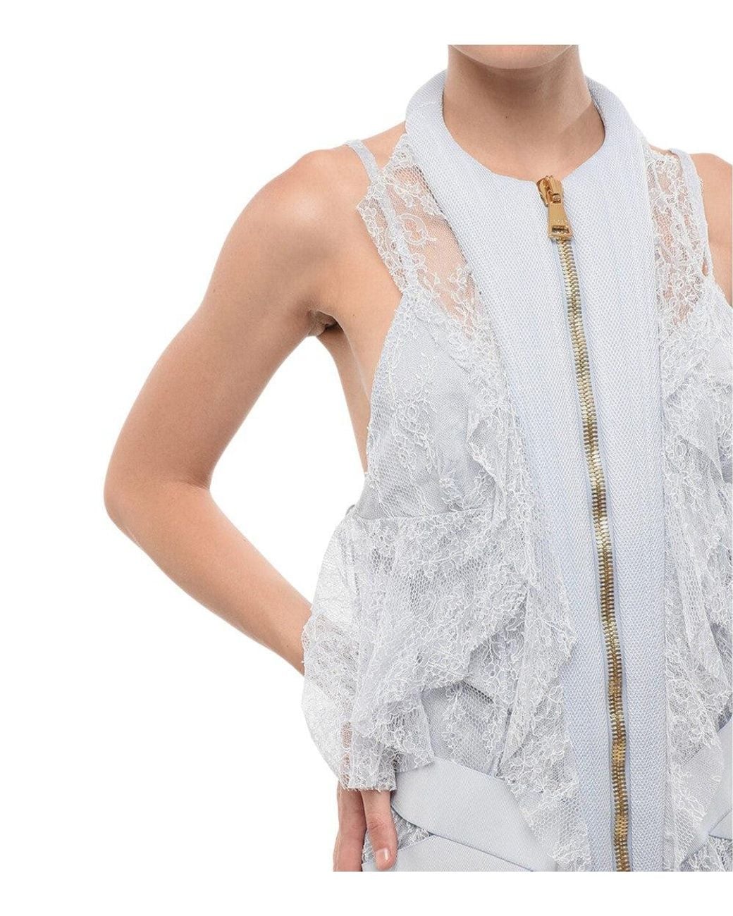 Balmain White Lace Mandarin Collar Dress