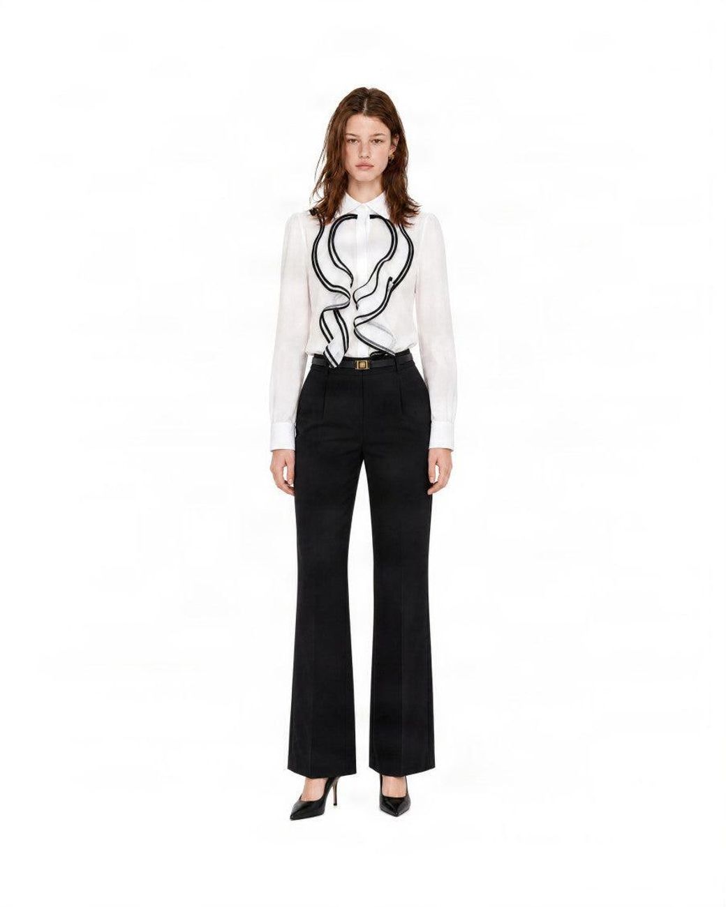 Elisabetta Franchi Gray Ivory Ruffled Long-Sleeve Viscose Blouse
