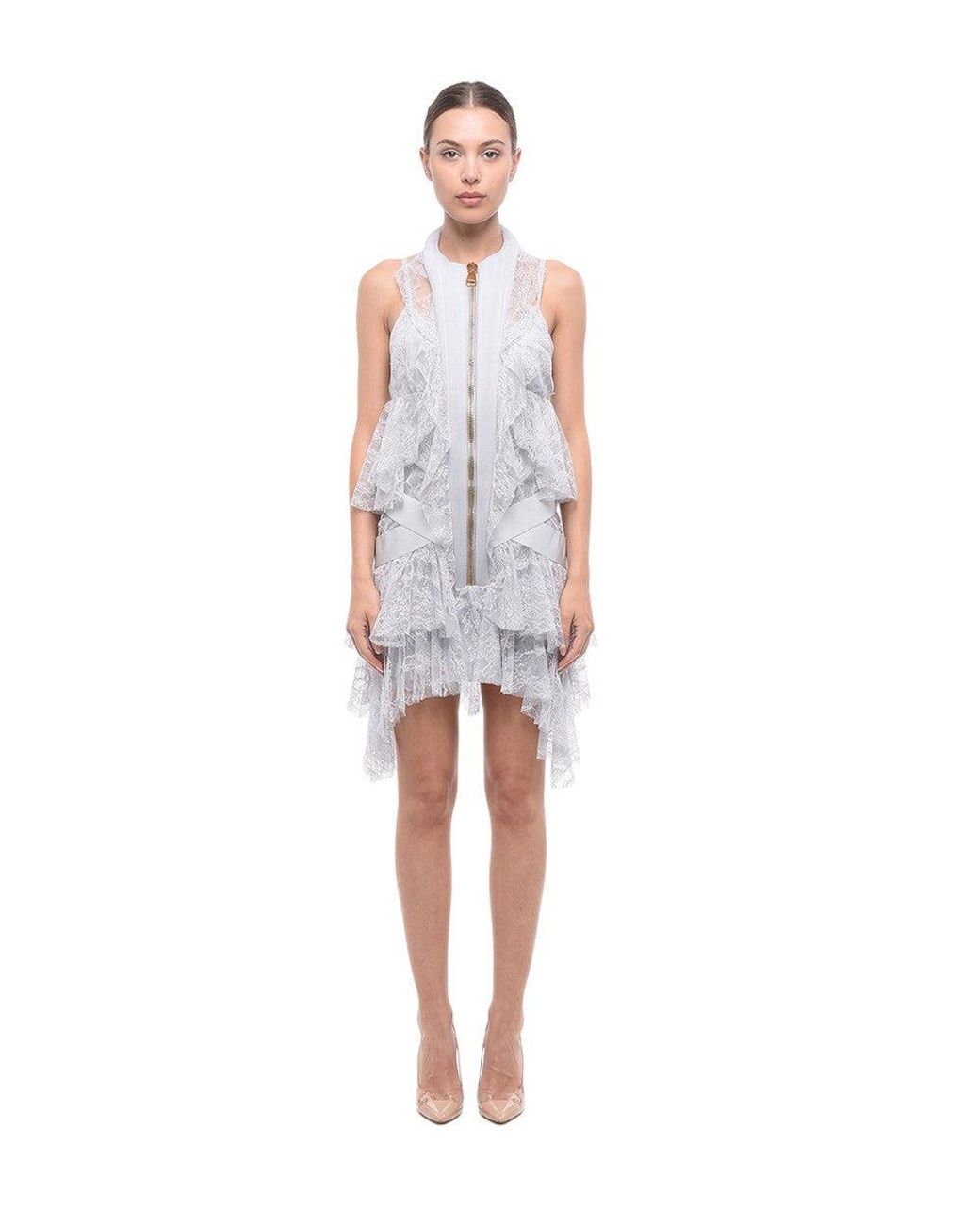 Balmain White Lace Mandarin Collar Dress