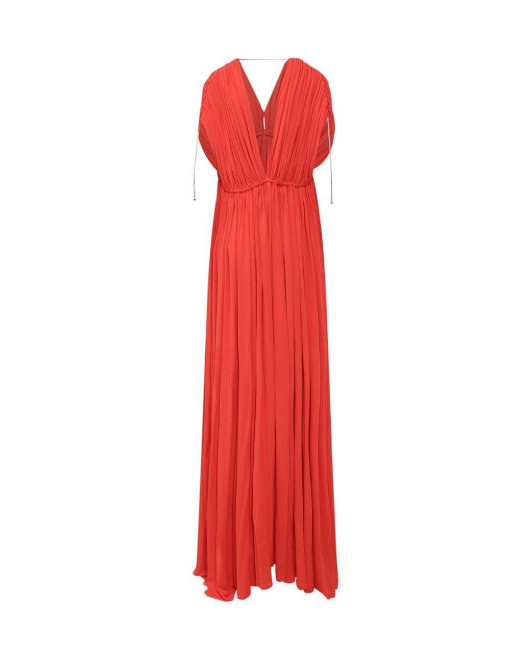 Lanvin Red Pleated V Neck Maxi Dress