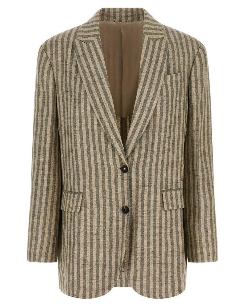 Brunello Cucinelli Green Stripes Notched Lapel Blazer