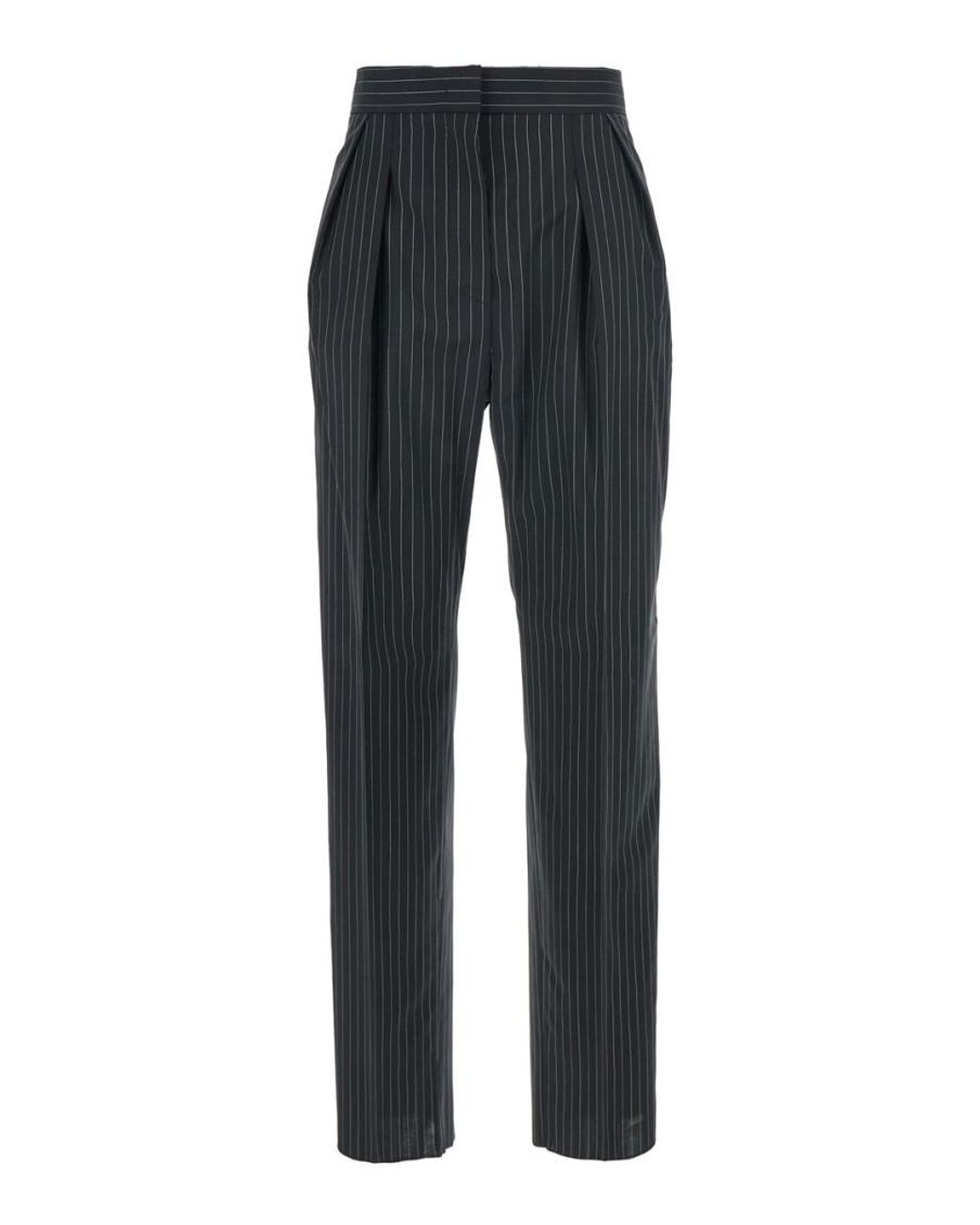 Max Mara Black Pants With Concealed Closure And Stripes Virgin Wool Trousers