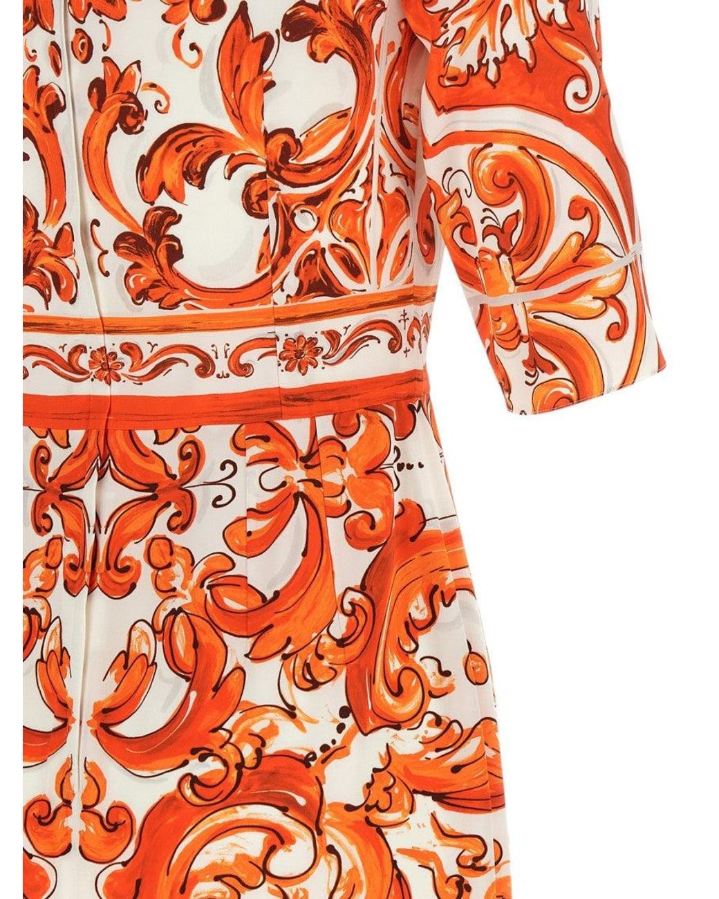 Dolce & Gabbana Orange Printed Round Neck Midi Dress