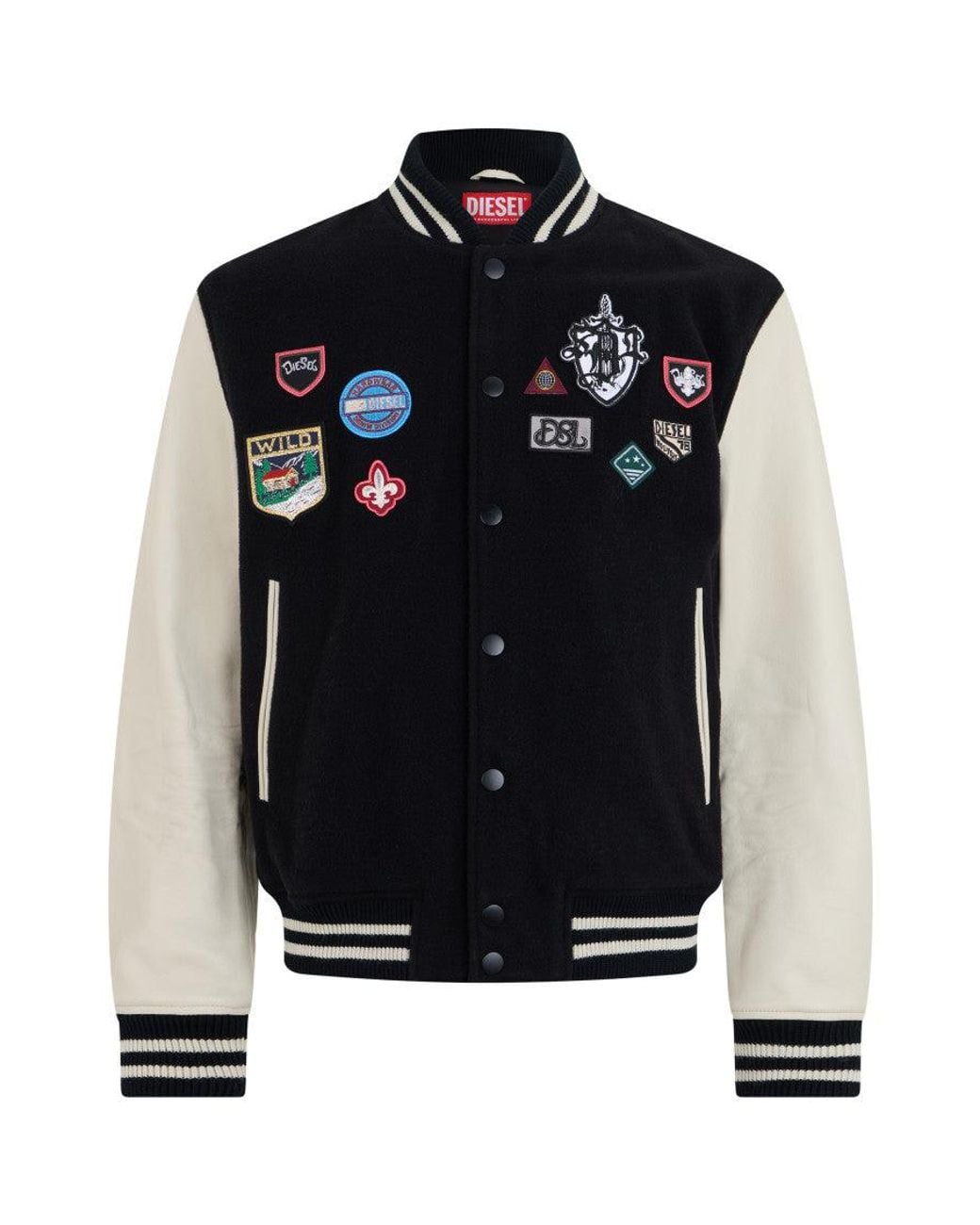 DIESEL Black Varsity Jacket Patched Wool Bomber for men