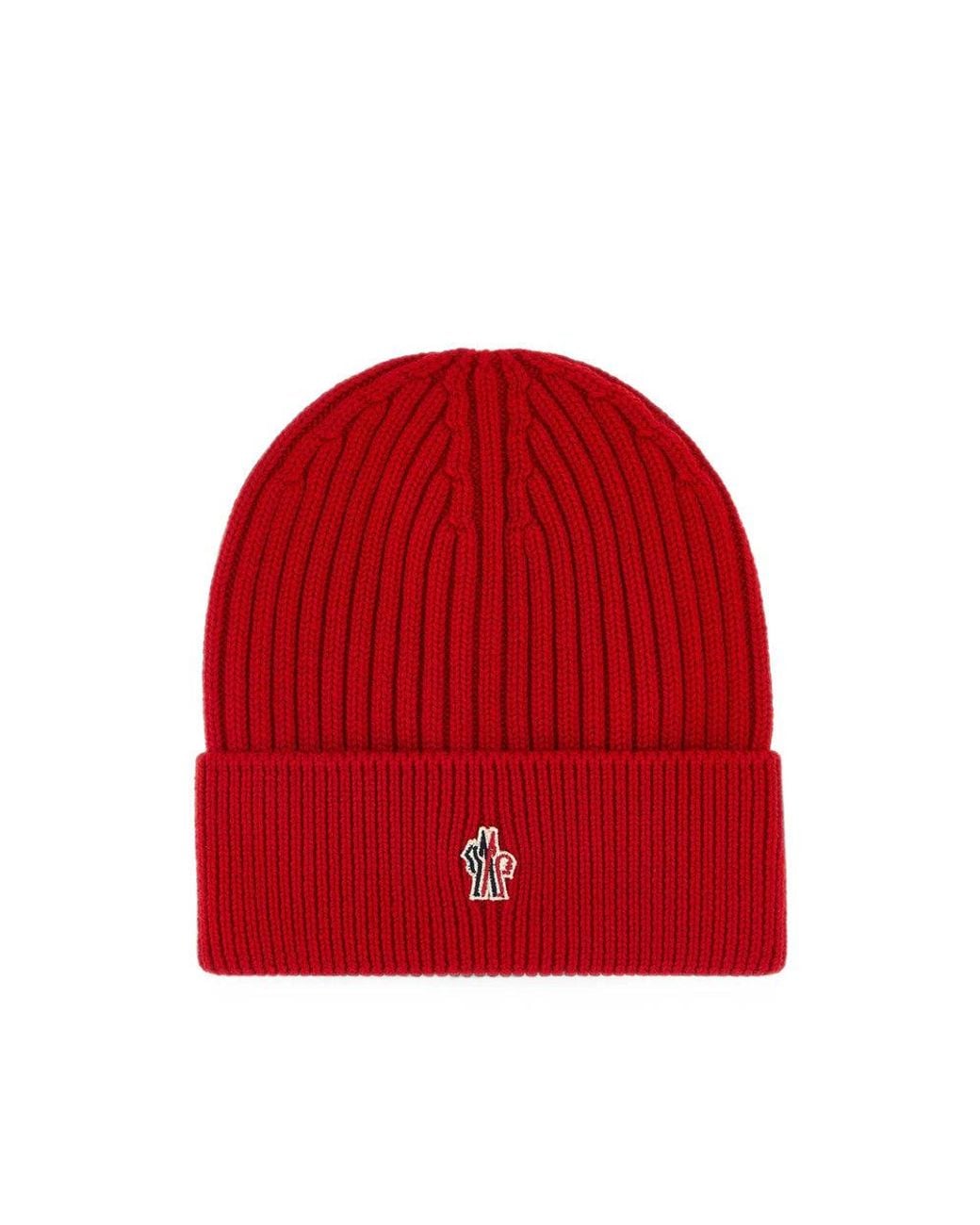 Moncler Red Grenoble Logo Beanie Cap for men