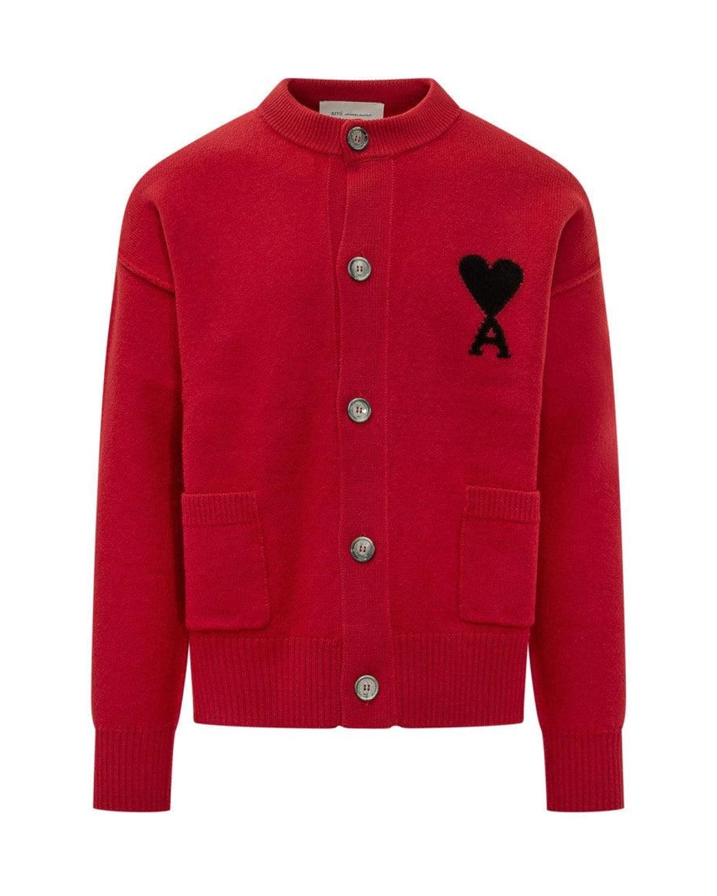 AMI Red Logo Crew Neck Cardigan for men