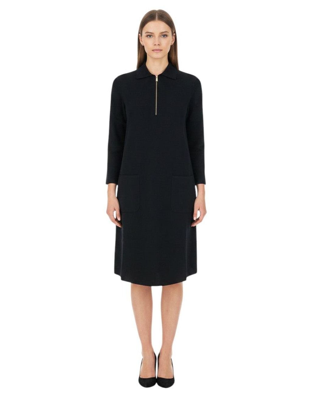 Max Mara Black Shirt Collar Knee Length Dress
