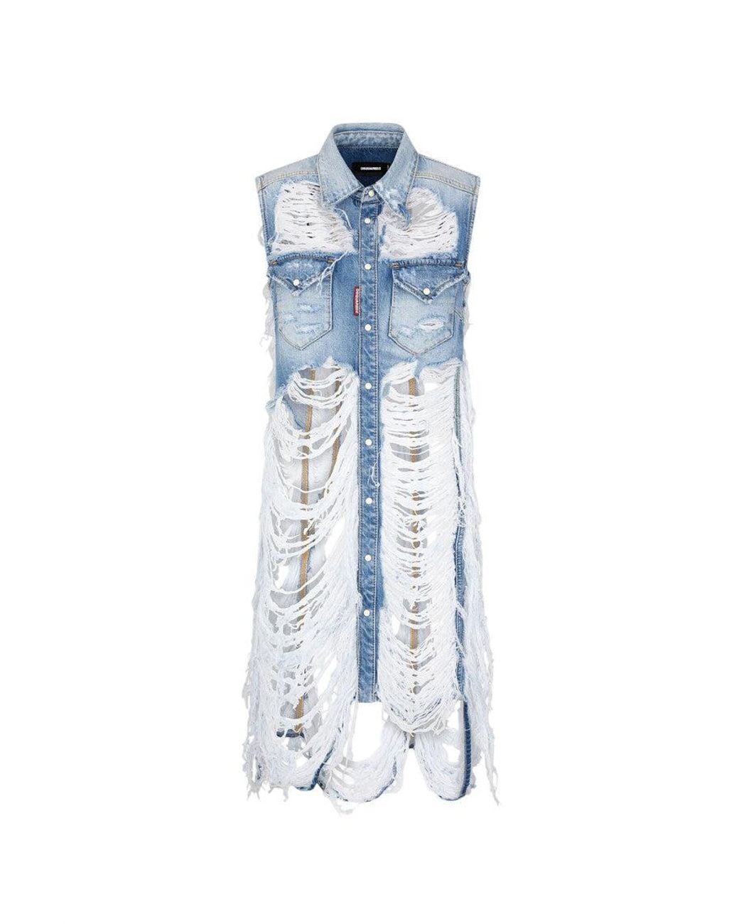 DSquared² Blue Distressed Shirt Collar Midi Dress