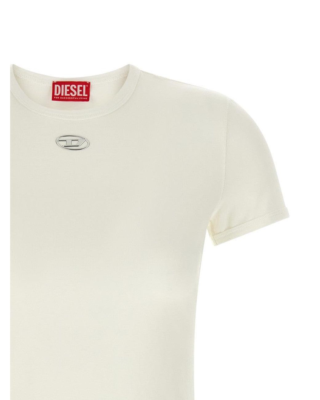 DIESEL White Fitted Short-Sleeve T-Shirt With Metallic Logo Detail
