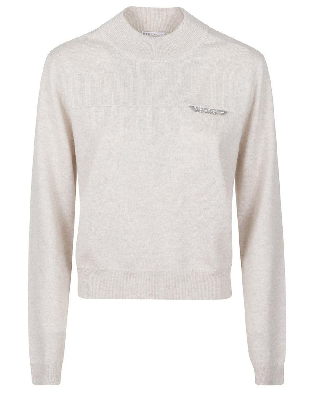 Brunello Cucinelli White Logo Mock Collar Sweater