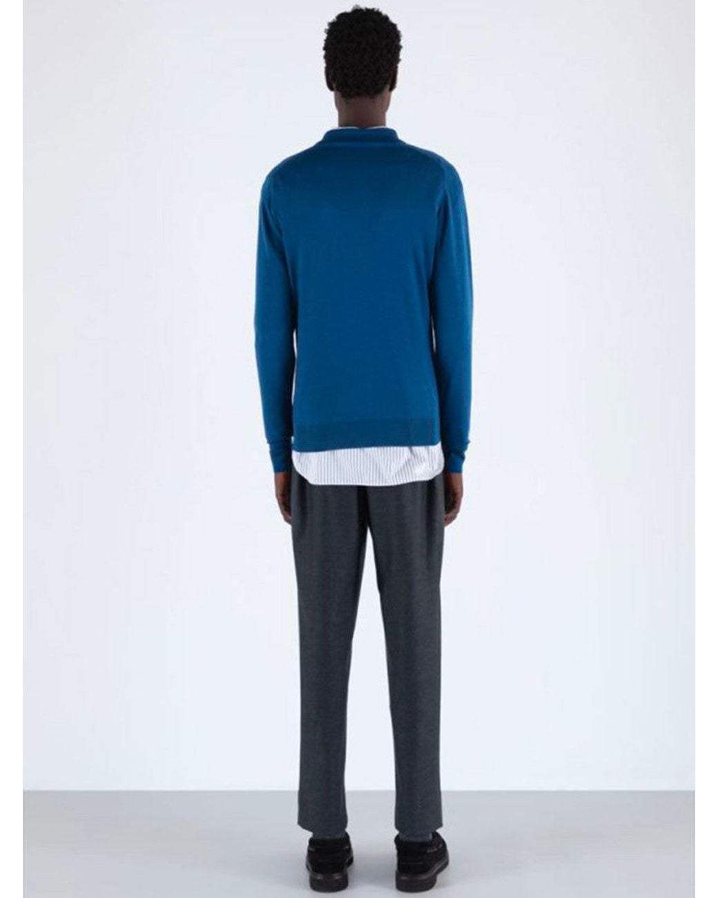 John Smedley Blue Wool Polo Collar Sweater for men