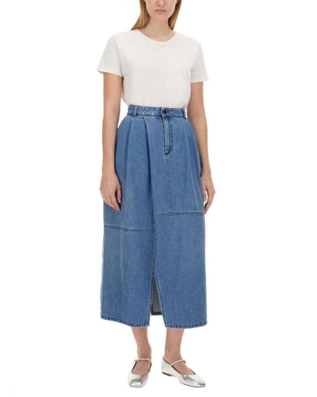Alysi Blue Denim Solid Midi Skirt