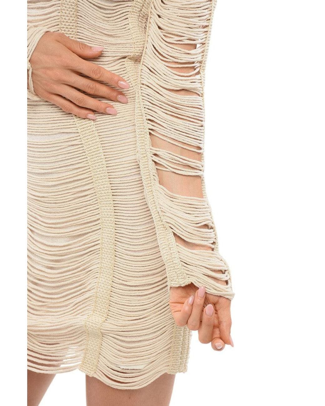 Balmain Natural Textured Mock Collar Mini Dress