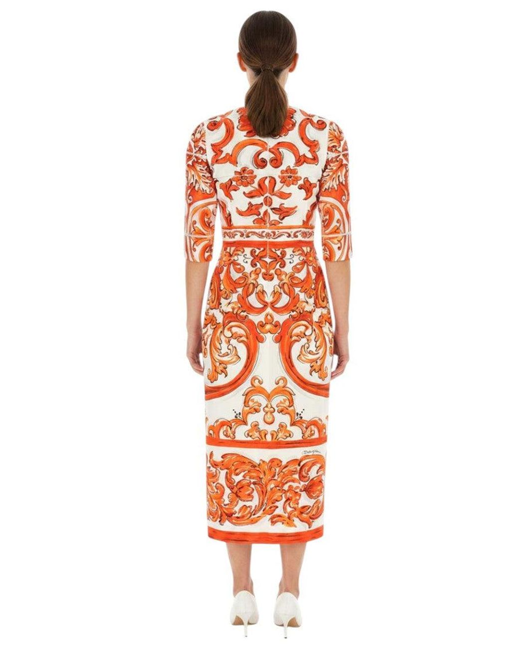 Dolce & Gabbana Orange Printed Round Neck Midi Dress