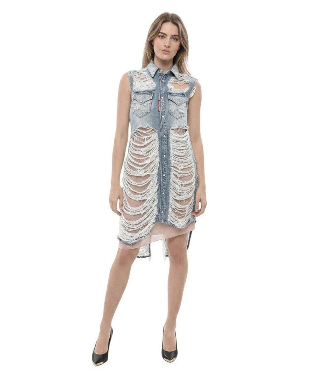 DSquared² Blue Distressed Shirt Collar Midi Dress
