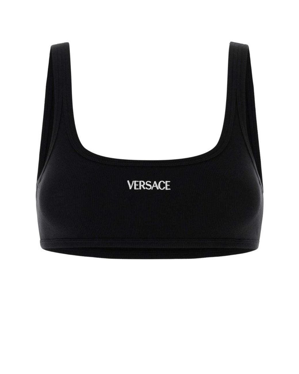 Versace Black Logo Embroidery Ribbed Bra