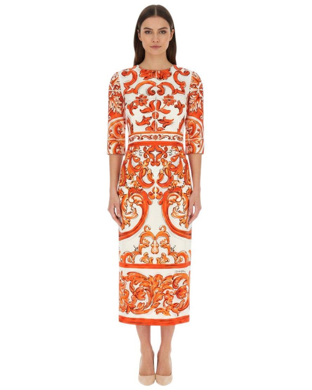 Dolce & Gabbana Orange Printed Round Neck Midi Dress