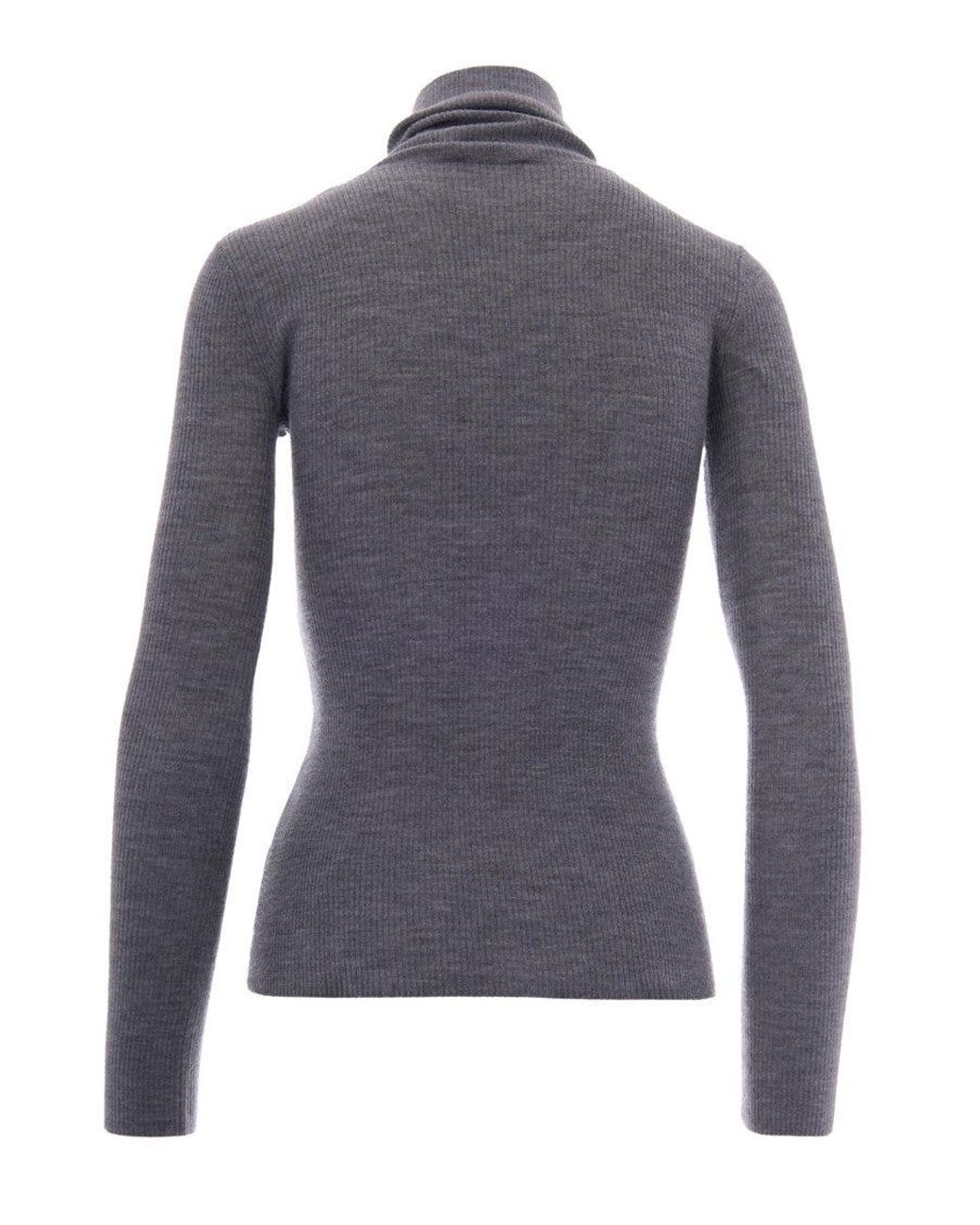 Elisabetta Franchi Blue Ribbed Knit Turtleneck Top With Intarsia Logo