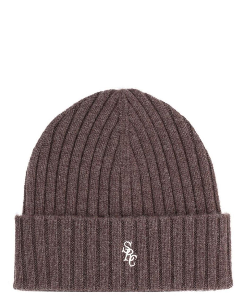 Sporty & Rich Brown Logo Ribbed Beanie for men
