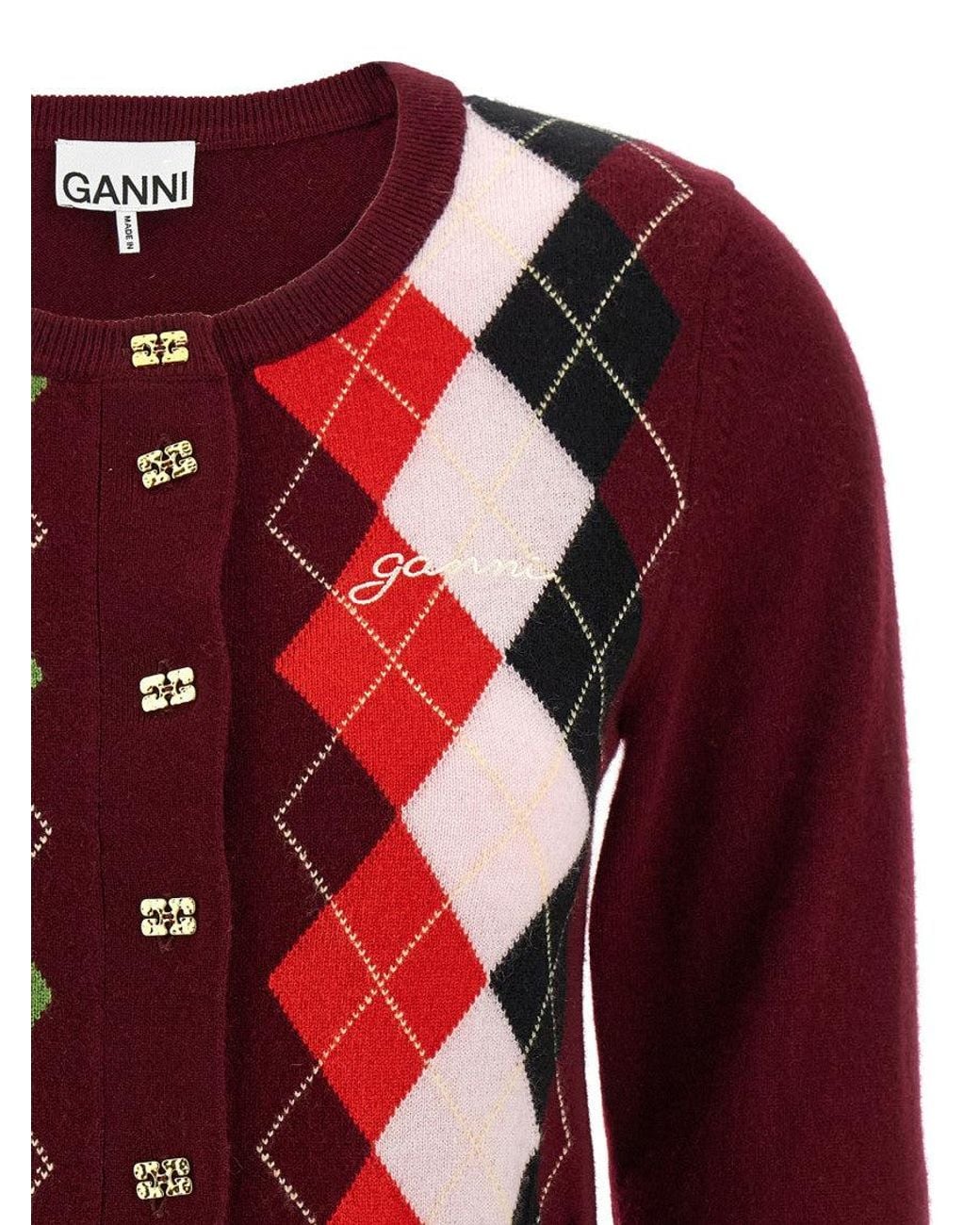 Ganni Red Check Cardigan