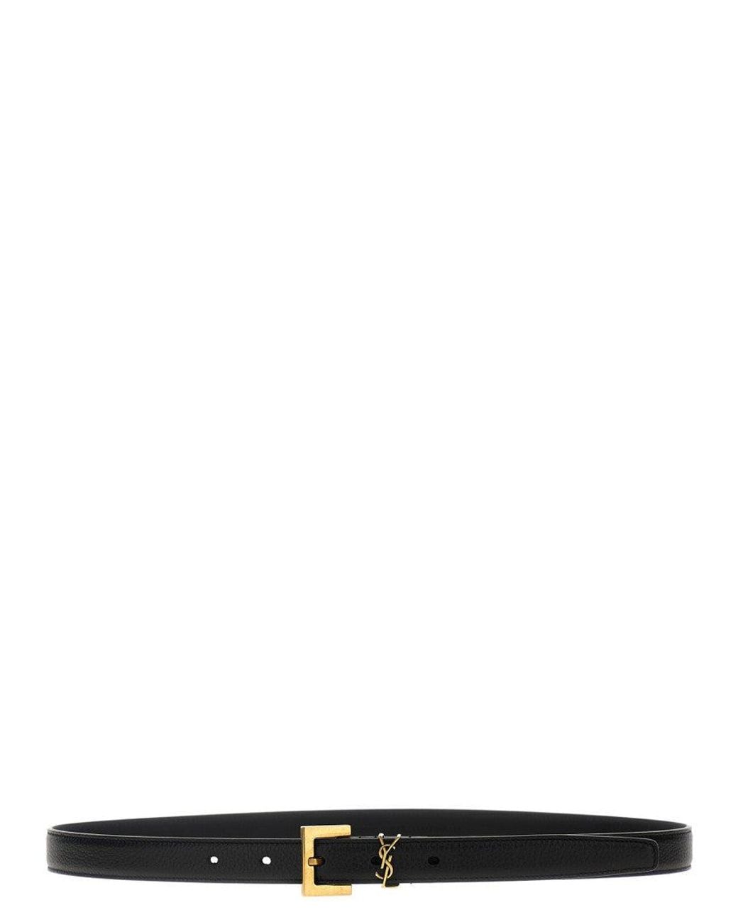 Saint Laurent Black Cassandre Buckle Textured Belt